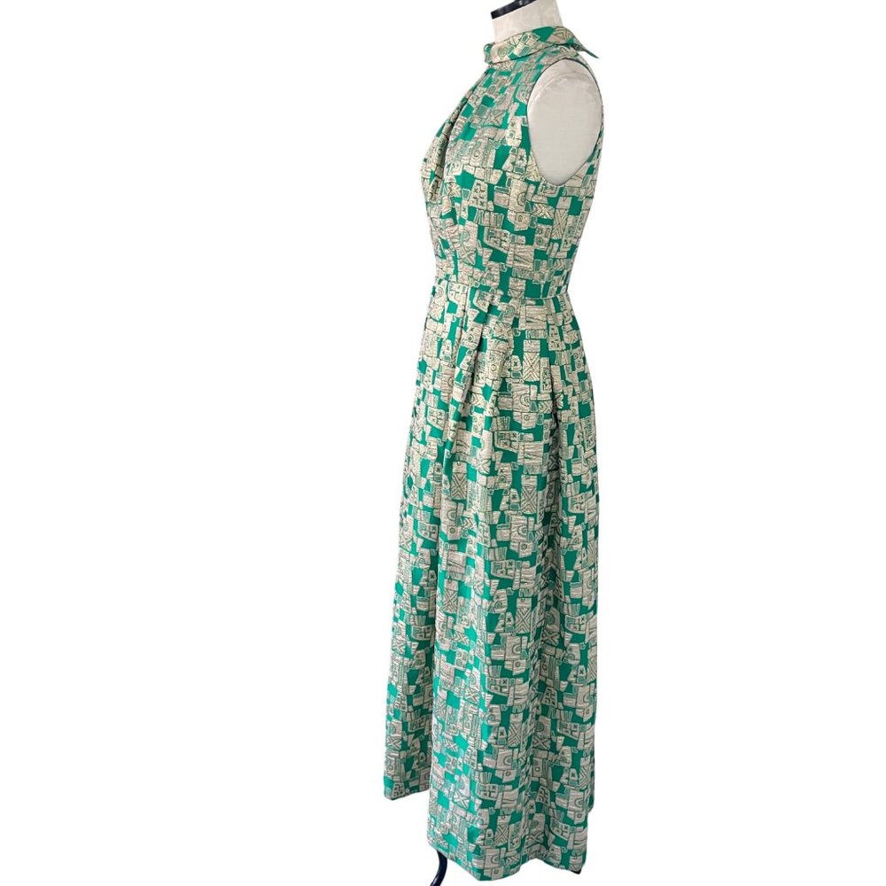 Vintage Womens Dress Size Small Green Geometric Print Maxi Casual Pleated - Picture 14 of 16